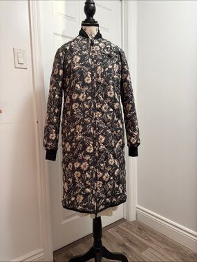 Frank & Oak dark teal and cream Floral Quilted Long Bomber Jacket in size S/M